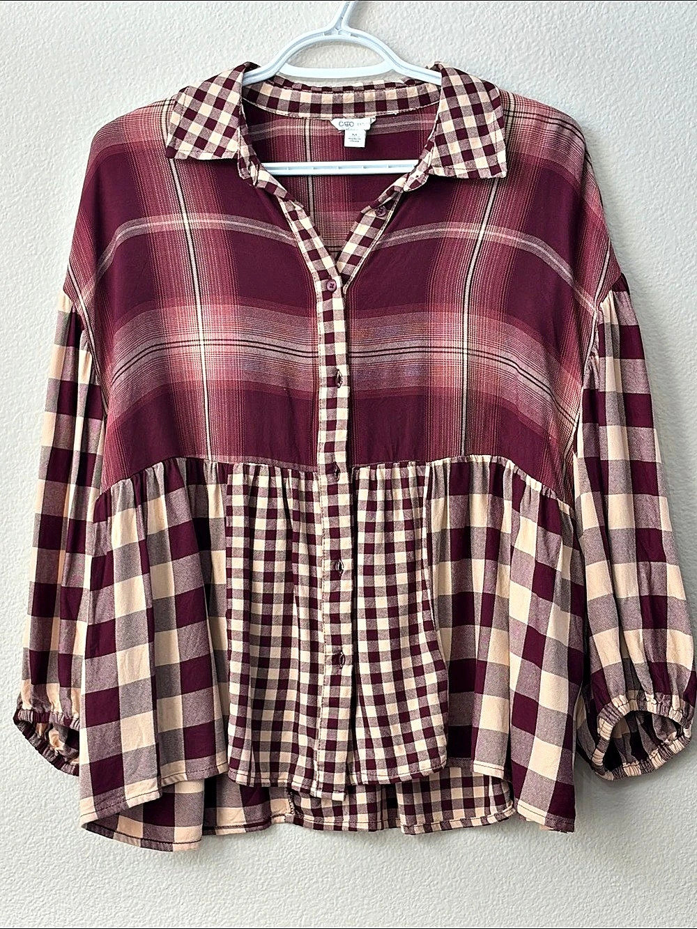 Cato Plaid Blouse in Burgundy & Cream Size Medium